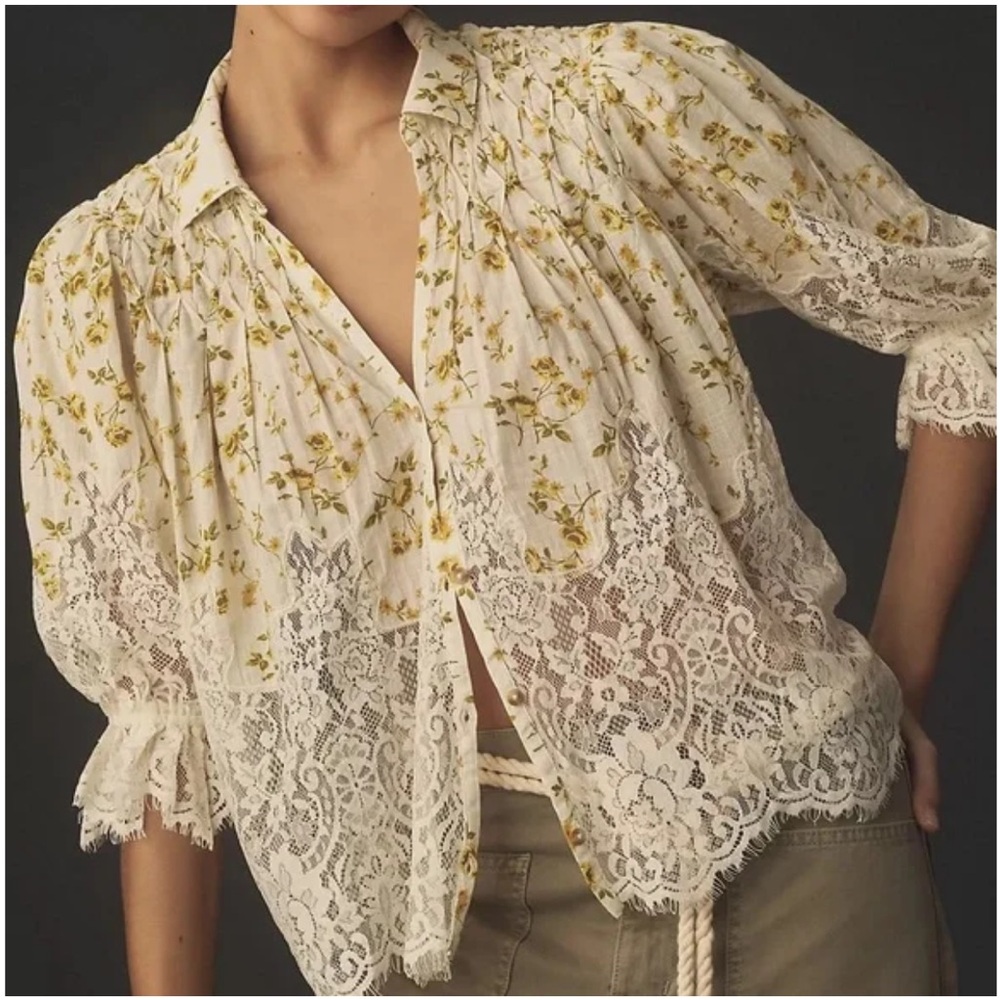 Anthropologie Victorian Lace Sheer Short Sleeve Top with Flowers